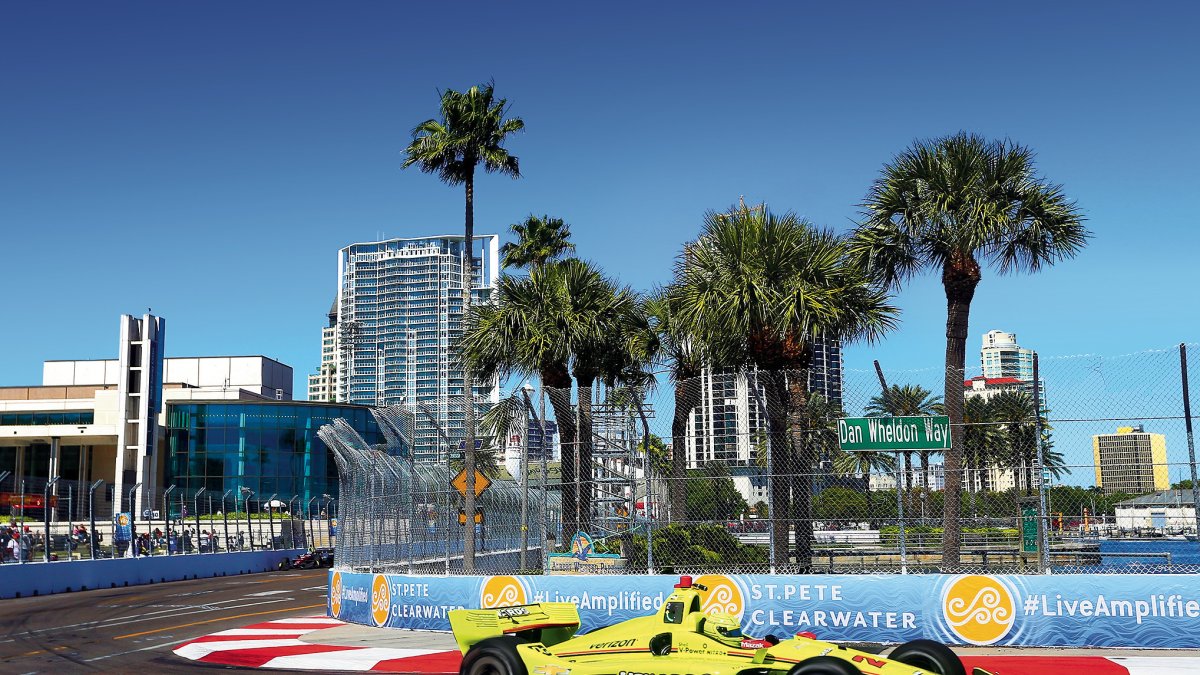 A yellow racing car in the St. Pete Firestone Grand Prix.