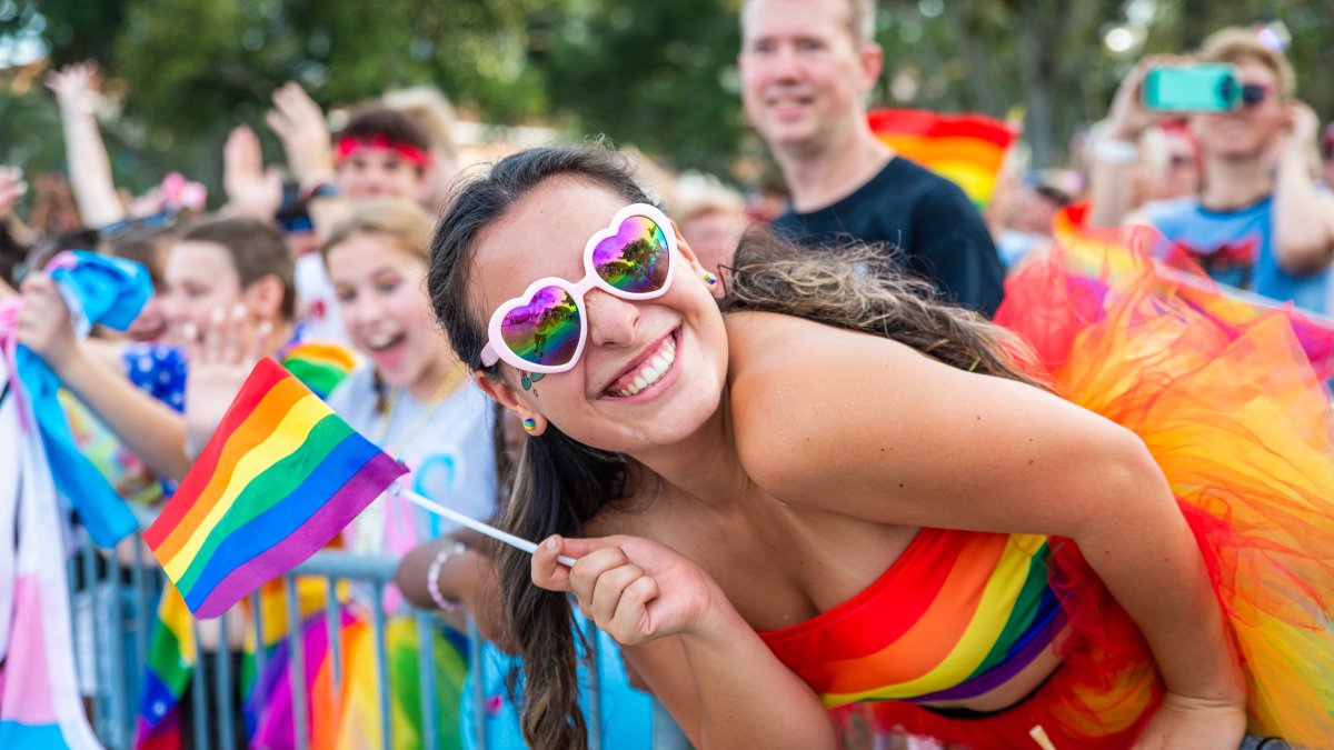 uma senhora feliz vestida com roupas coloridas e óculos de sol coloridos segurando uma bandeira LGBTQ+ se destaca da multidão durante a Parada do Orgulho LGBT.