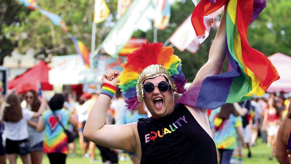 a person wearing a colorful wig, holding the LGBTQ+ flag celebrating. A crowd wearing colorful clothes can be seen nearby.