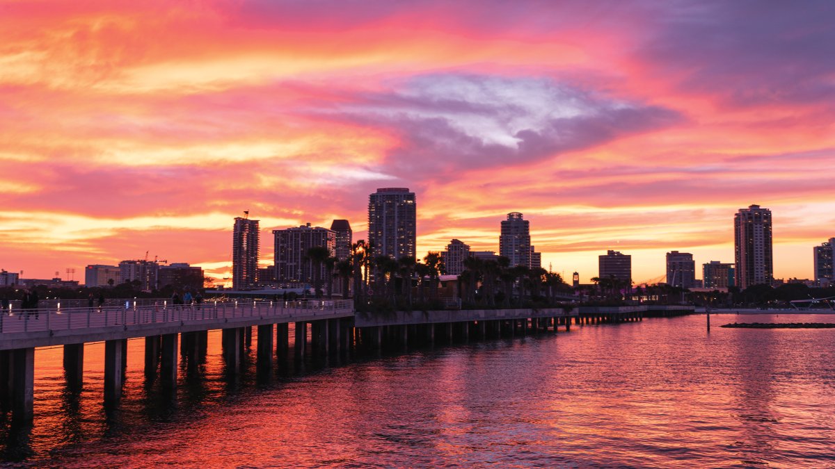 Panoramic view of St. Pete skyline during colorful sunset from the St. Pete Pier