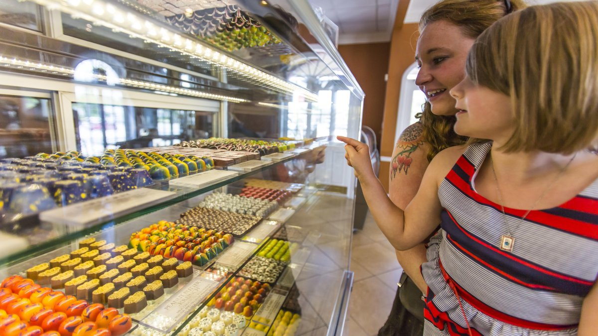 A mother and daughter looking at candies on display at William Dean candy store.