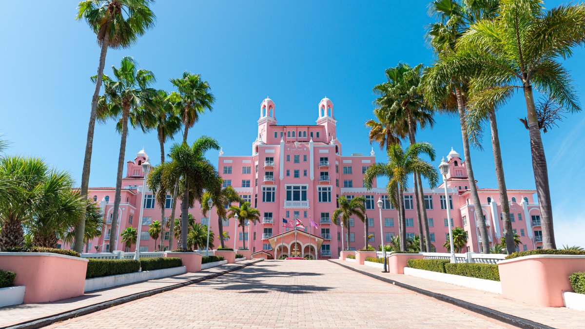 Pink Hotel with palm trees lining the long entrance driveway topped with blue skies