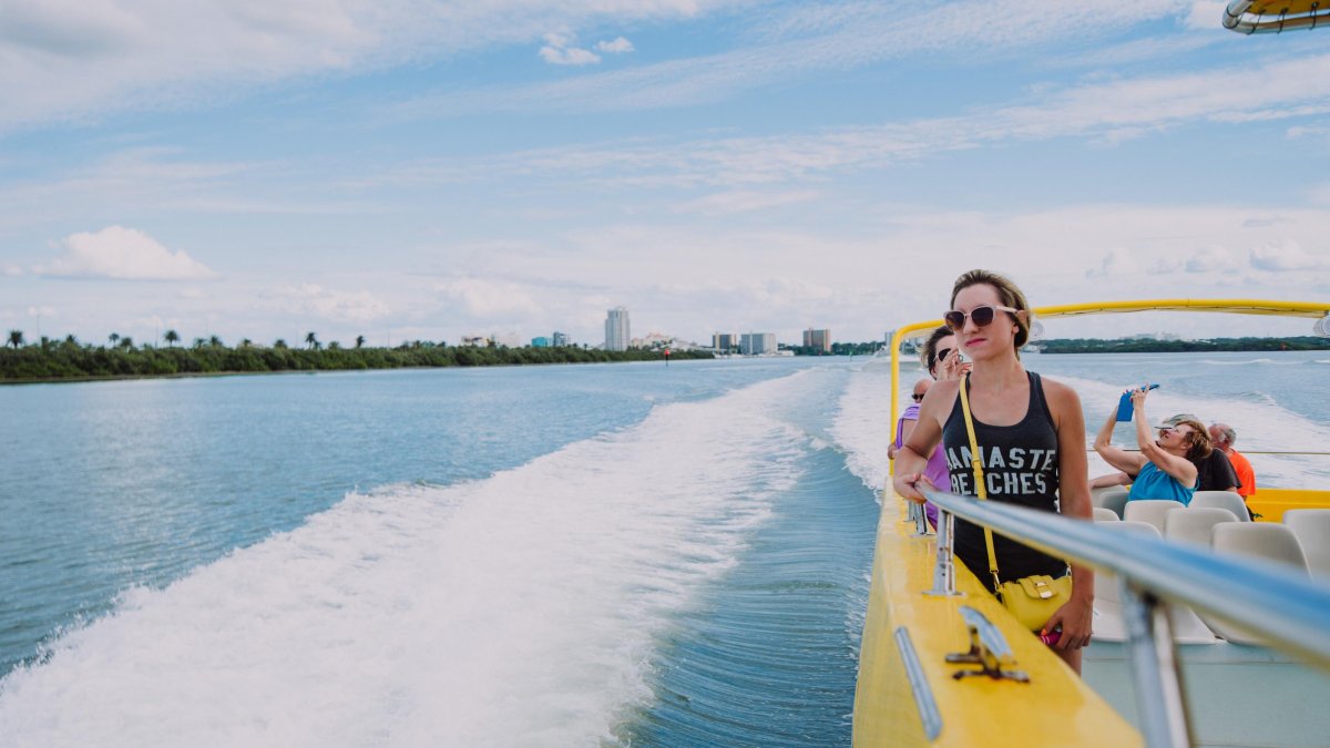 A woman on the Sea Screamer looks out to view dolphins