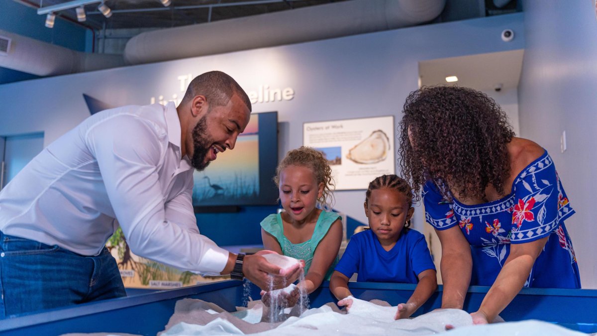 A Black family playing with sand at the Tampa Bay Watch Discovery Center at the St. Pete Pier