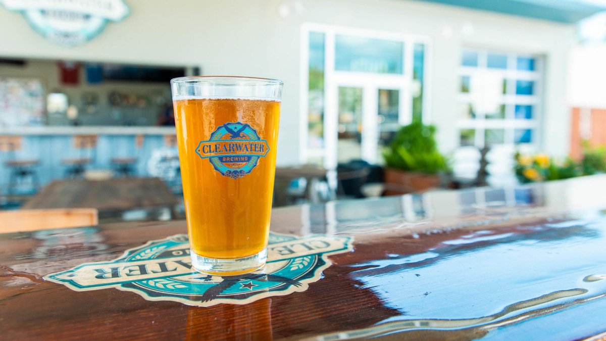 A tall beer glass on top of a wooden table at Clearwater Brewing.