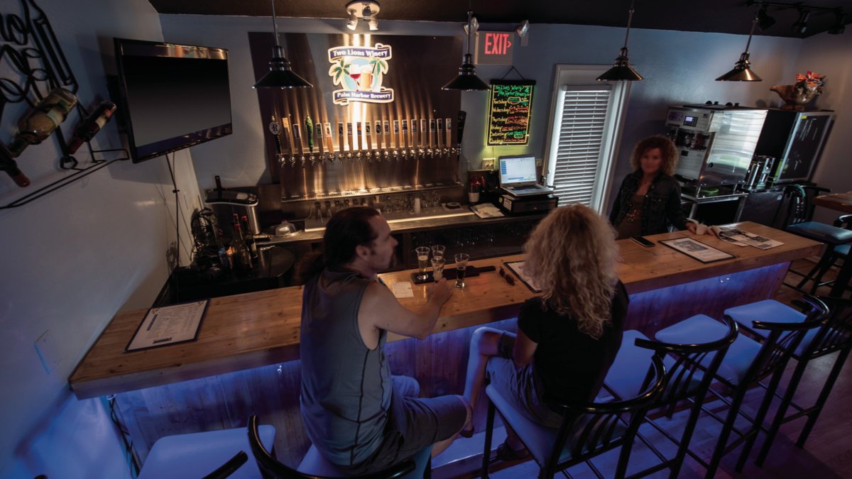 A couple seating at the bar, talking with the server inside of the Palm Harbor Brewery.