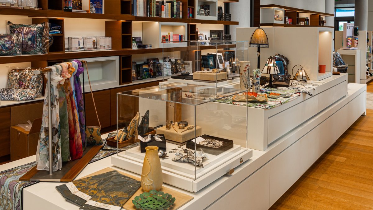 Jewelry, scarves and other items on display at the museum gift shop