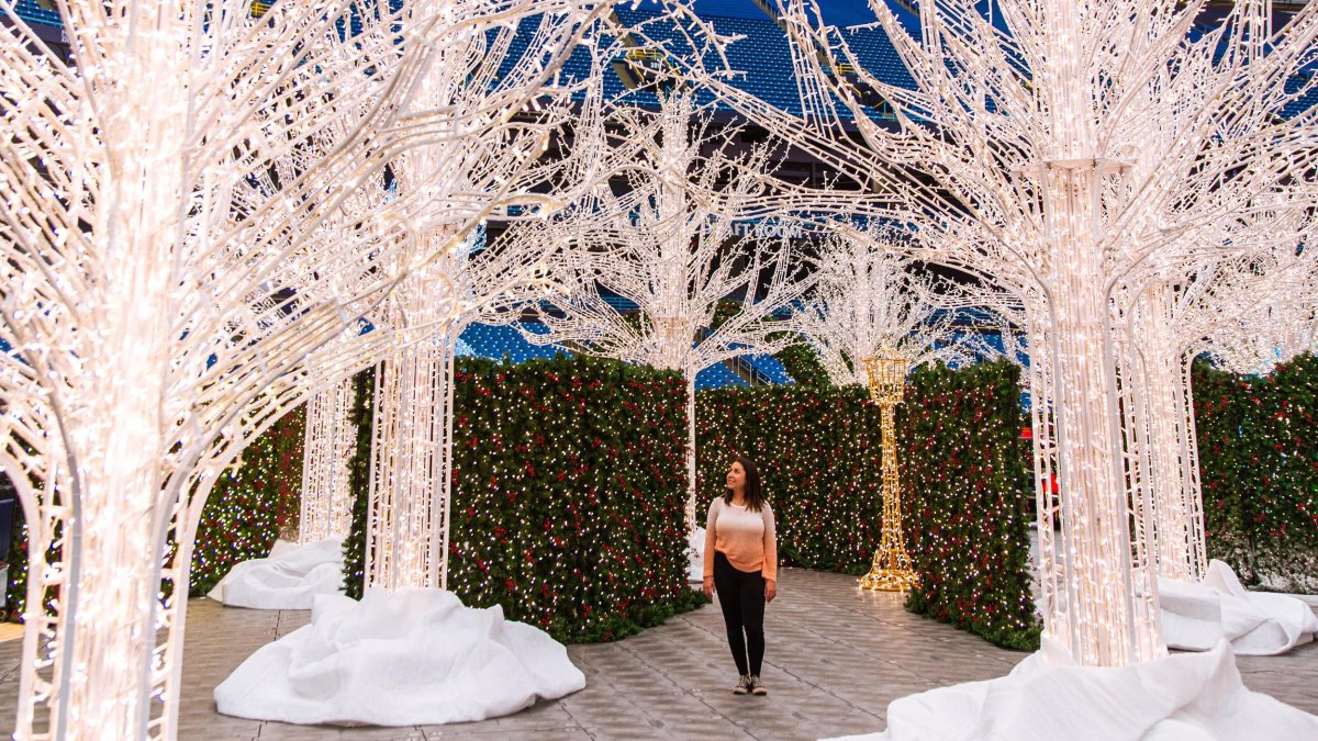 A woman walks through a forest of Christmas light trees.