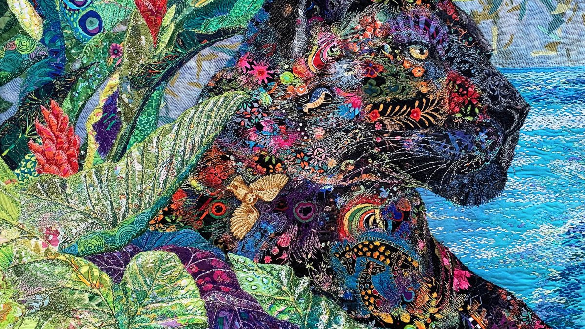 “Welcome Rain,” by Clearwater-based artist Lorraine Turner, is made from Tussah silk, banana fibers, merino wool, vintage doilies, lace, organza, dyed cheesecloth, cotton fabrics and threads, dyed silk embroidery floss, and beads. It is 24 x 25 inches.