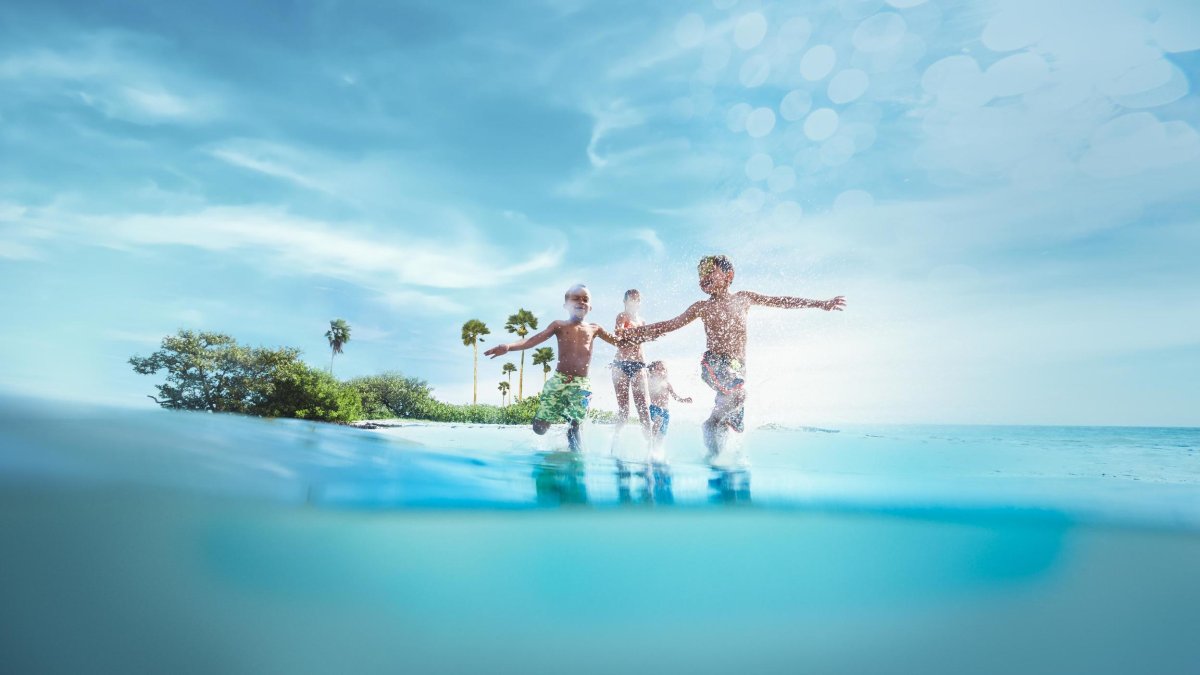 Three children play in the ocean in front of an island.