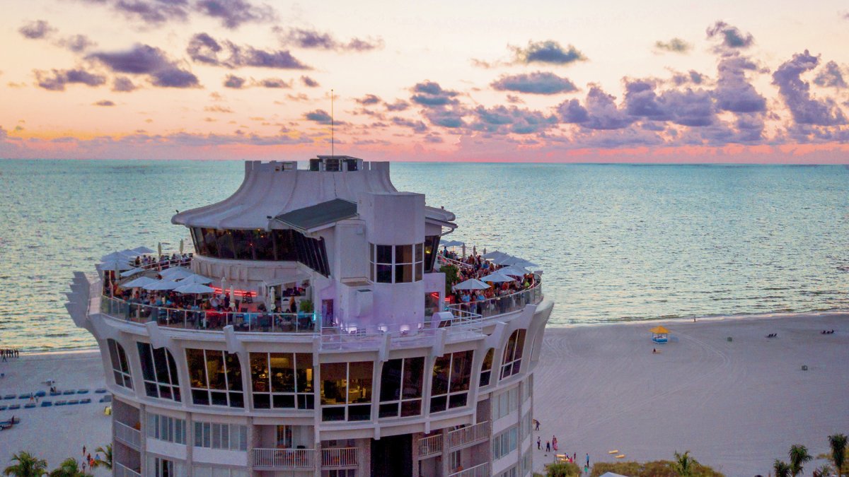 A drone shot of Level 11 Rooftop Bay & Lounge at St. Pete Beach