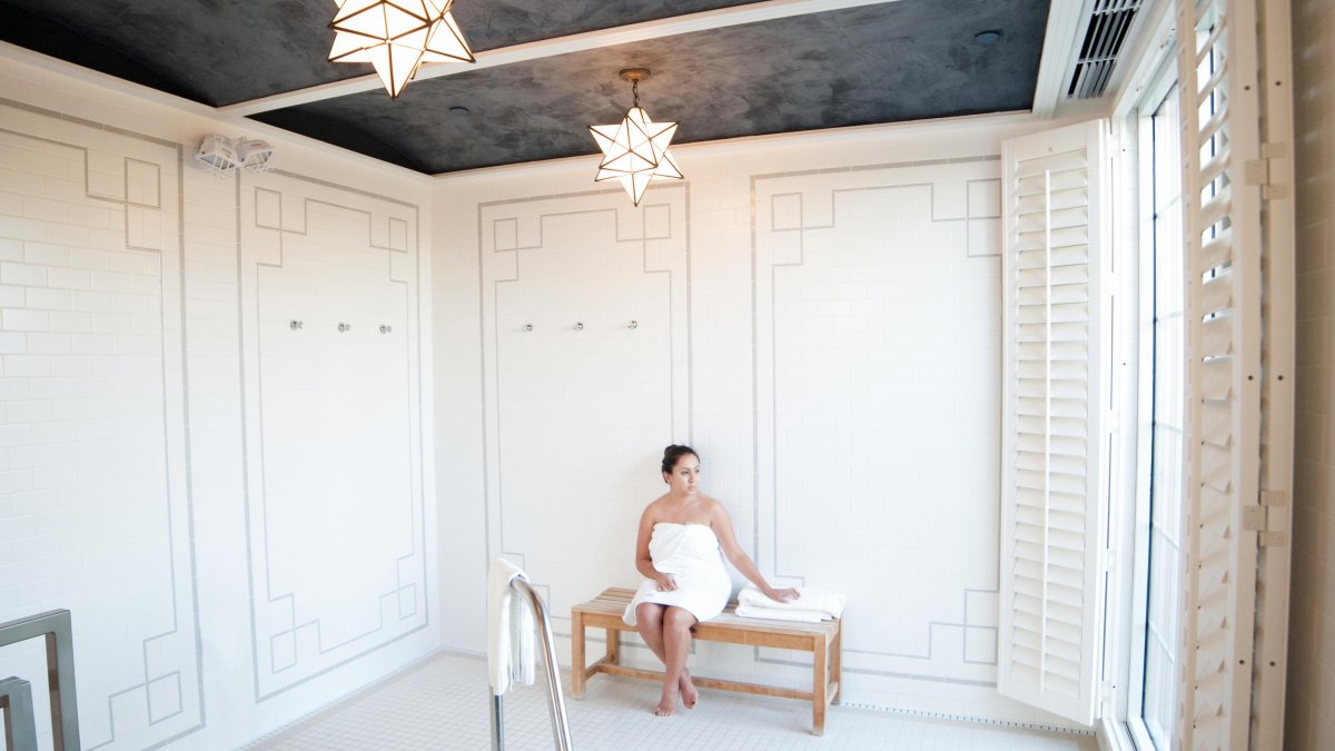 A woman in a towel at the sauna of the Spa Oceana