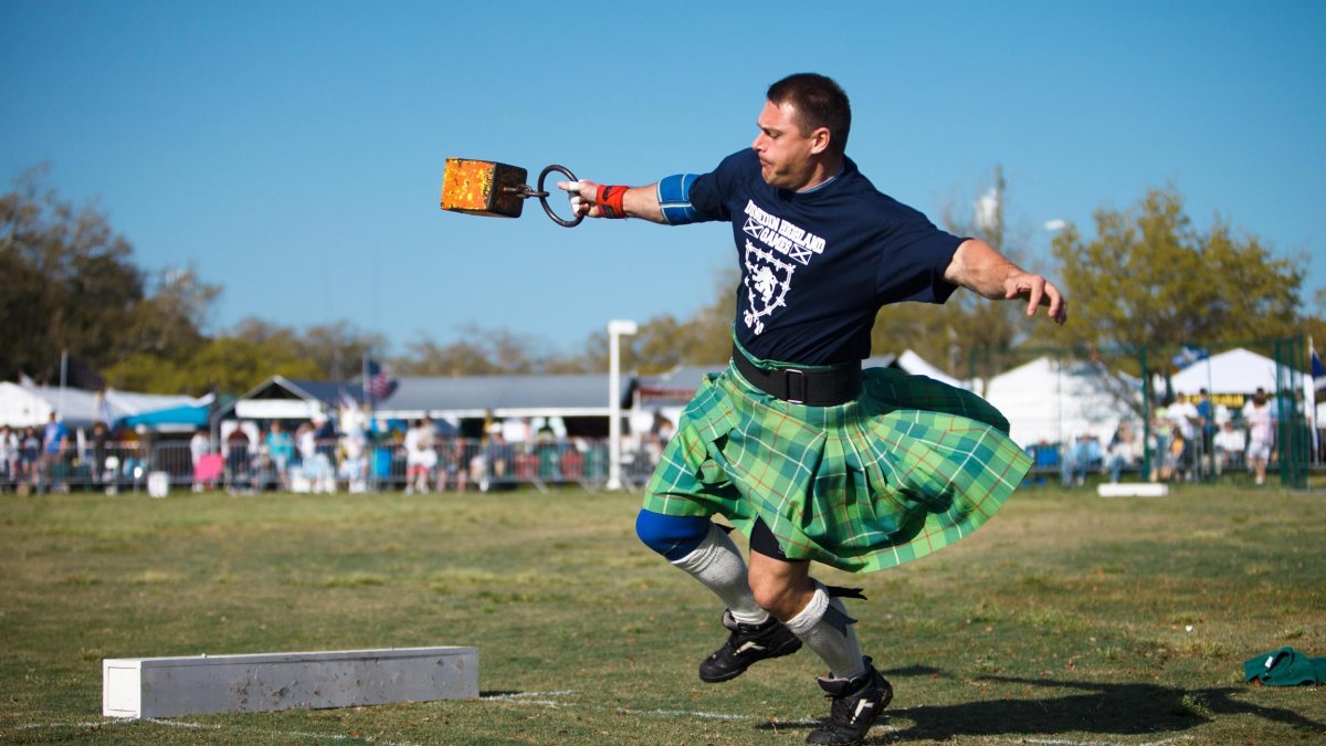 A man in a green kilt throws a weight competitively.