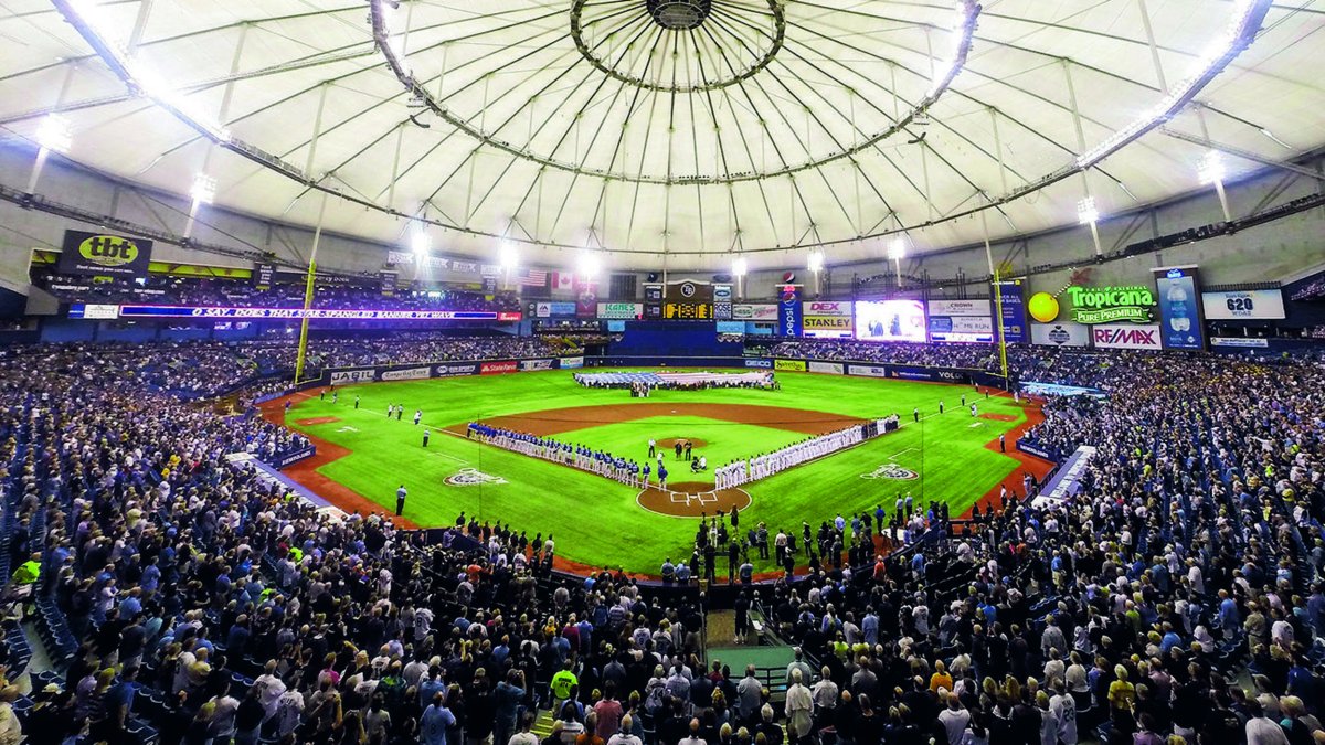 A wide view of the field of the Tampa Bay Rays in Tropicana Field.