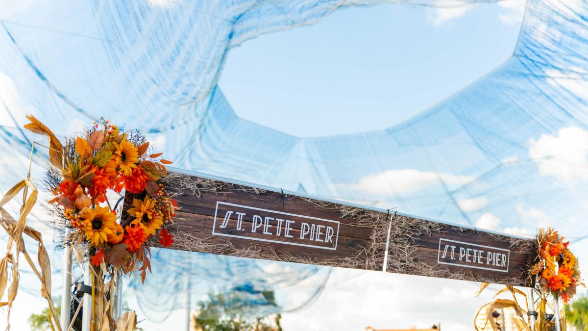 A pumpkin patch at the St. Pete Pier with fall foliage.