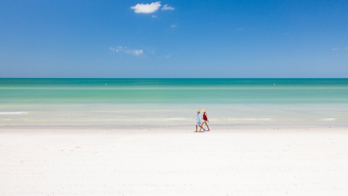 Two beachgoers walk along the white sandy shoreline and emerald green waters of St. Pete Beach on a bright sunny day.