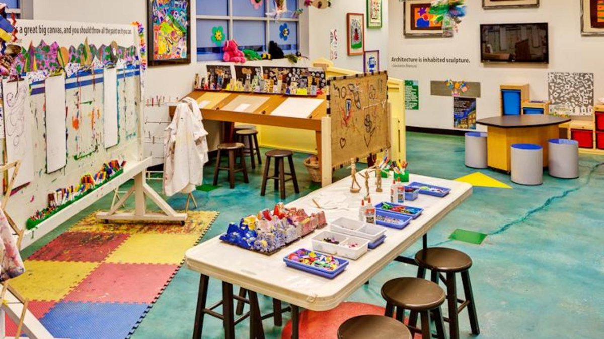 a children's art area with colorful tables and activities at the Morean Arts Center