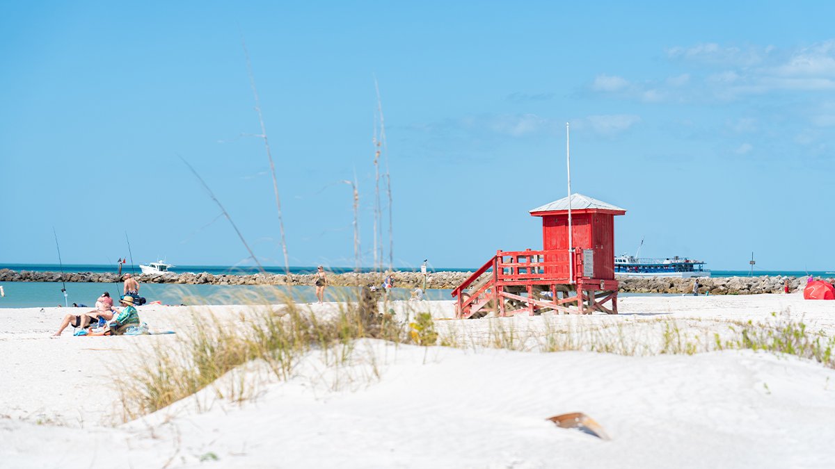 A view of the red lifeguard stand on Sand Key Beach Park