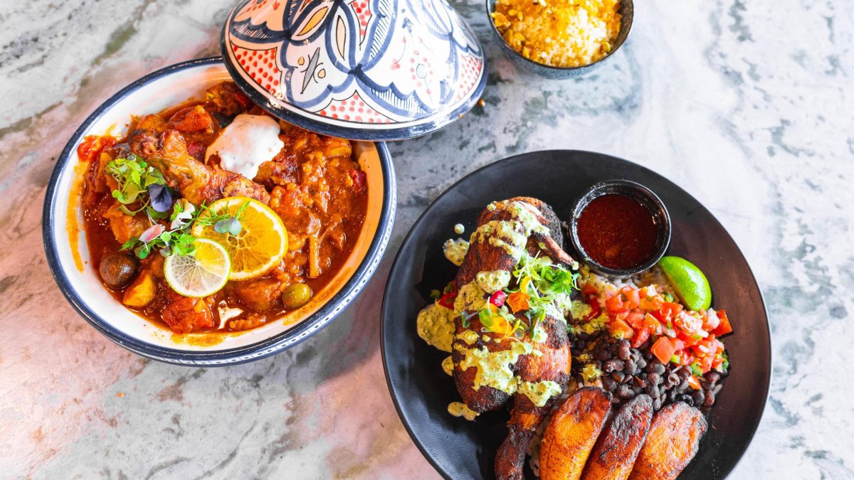 two delicious looking dishes of Latin inspired cuisine including plaintains and black beans at Social Roost in St. Pete