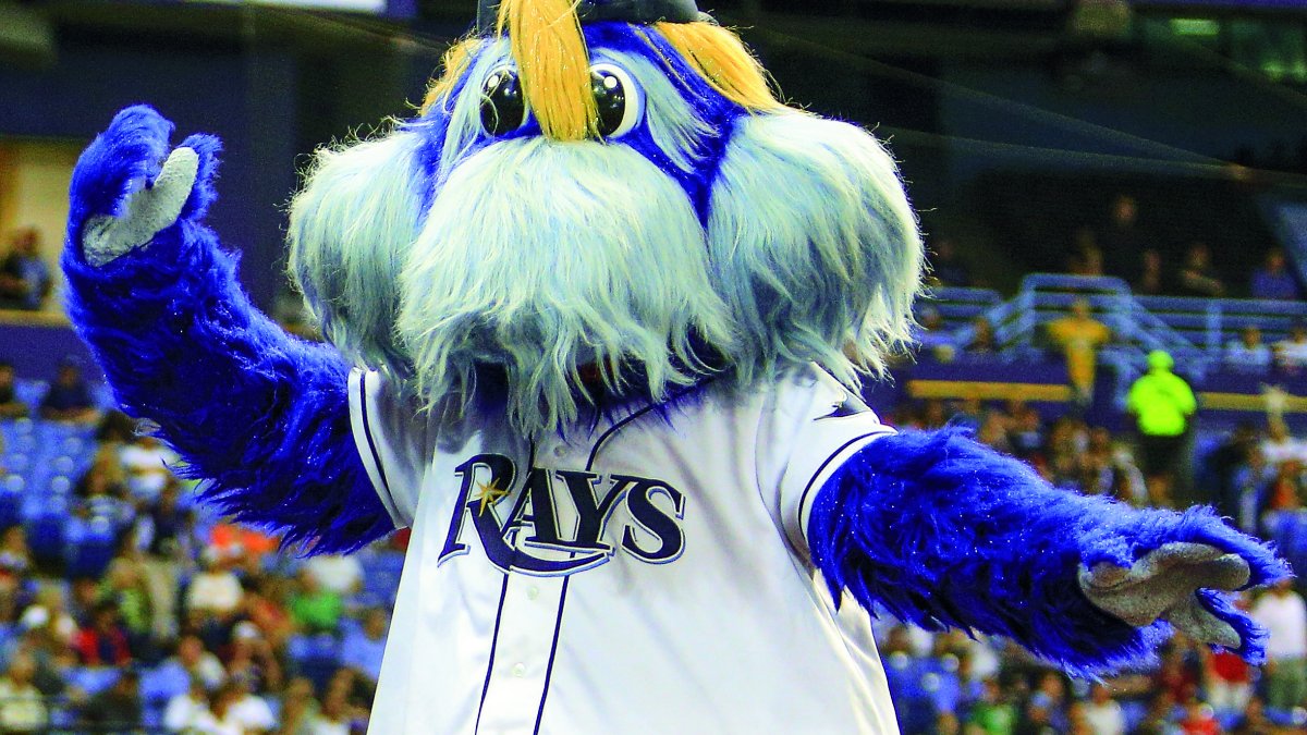 Tampa Bay Rays mascot Raymond waves to the crowd while wearing his Rays shirt