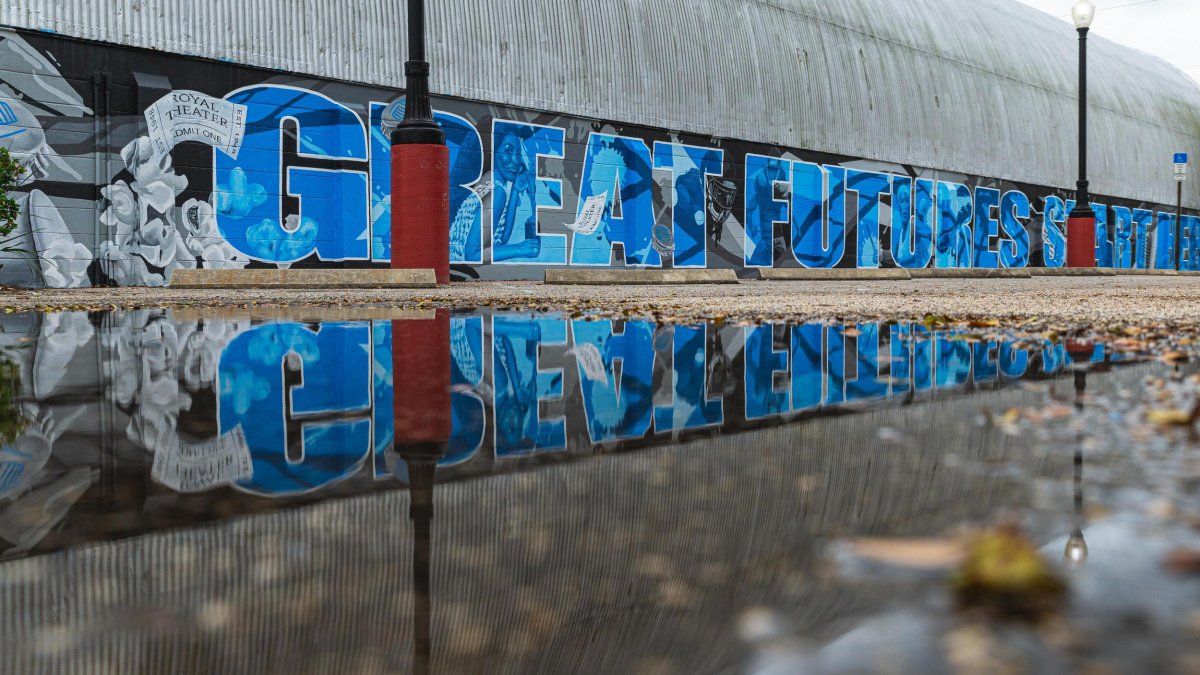 A mural stating "Great Futures Start Here" in blue block letters on the Royal Theater, a WWII era Quonset hut-style building with a metal roof