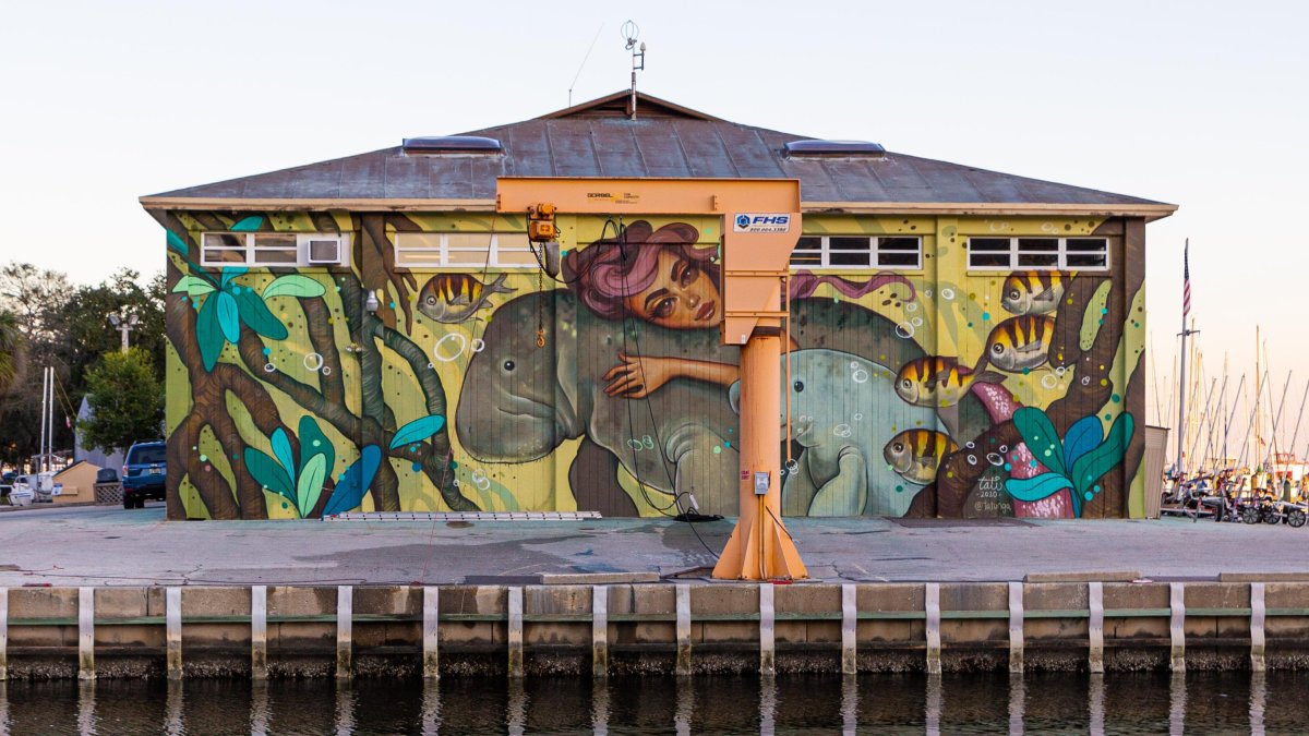 a mural on the side of a building depicts a woman with swirling reddish hair riding or hugging a manatee while her calf and fish swim nearby