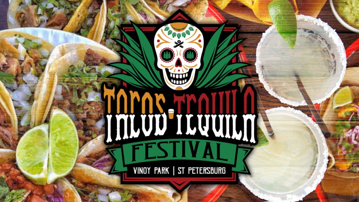 Tacos & Tequila festival promo poster featuring green writing, glasses of beer, a bottle of Don Julio tequila and soft tacos.