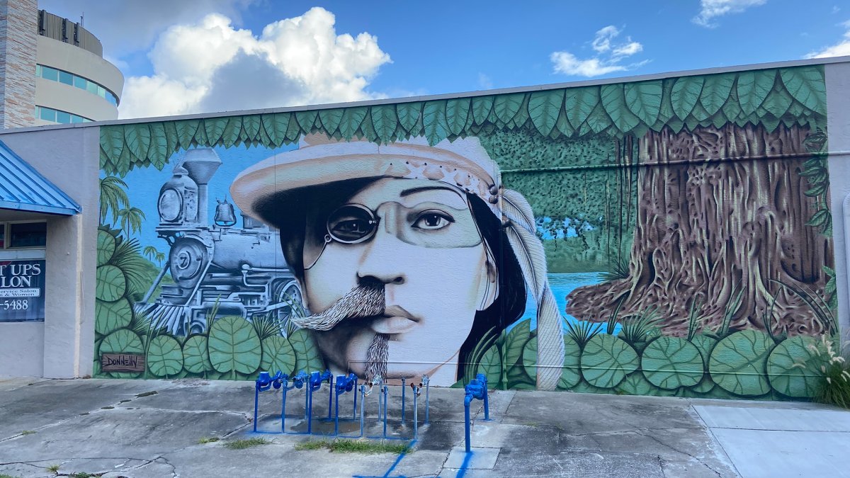 Two-face street mural by Derek Donnelly in the MLK North District in St. Pete featuring a native American woman and Peter Demens. 