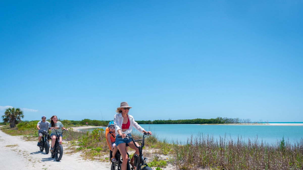 A woman and a baby on an e-bike ride next to blue-green water and sea oats with other family members biking behind them at Fort De Soto Park