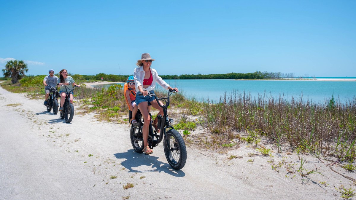 A woman and a baby on an e-bike ride next to blue-green water and sea oats with other family members biking behind them at Fort De Soto Park