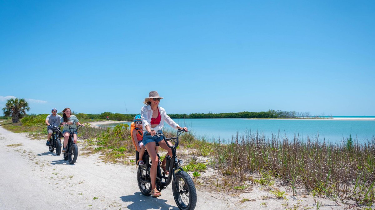 Eine Frau und ein Baby auf einem E-Bike fahren neben blaugrünem Wasser und Seehafer, während andere Familienmitglieder hinter ihnen im Fort De Soto Park radeln