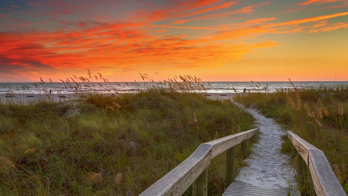 a wooden boardwalk through sea oats and other vegetation leads to the Gulf, the boardwalk is sandy, the sky is just after sunset with orange and blue colors