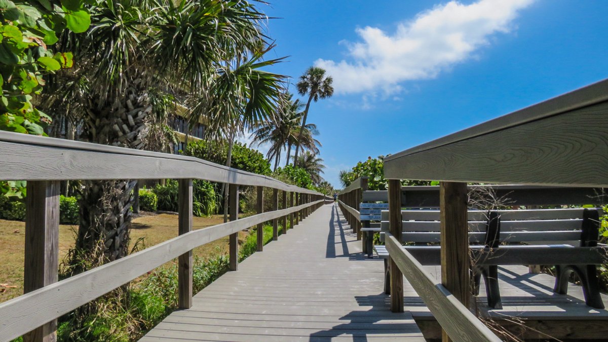 Ein langer Holzsteg neben Palmen führt zum Sunset Beach auf Treasure Island