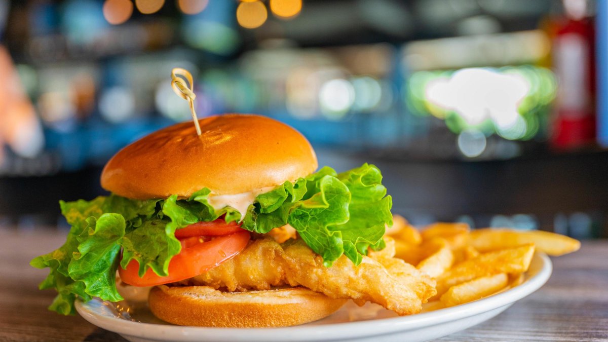 White plate with fried grouper sandwich with fries at Ozona Blue in Palm Harbor