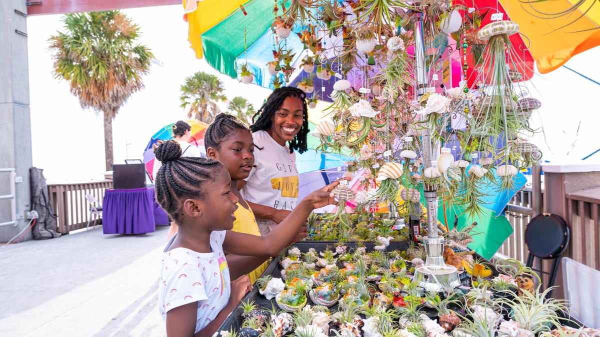 A mom and her two daughters look at decorated seashells and other souvenirs at the Pier 60 sunset celebration in Clearwater Beach