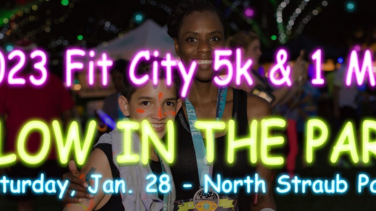 2023 Fit City 5K & 1 Mile Glow in the Park event poster featuring a mom and son outside at a park.