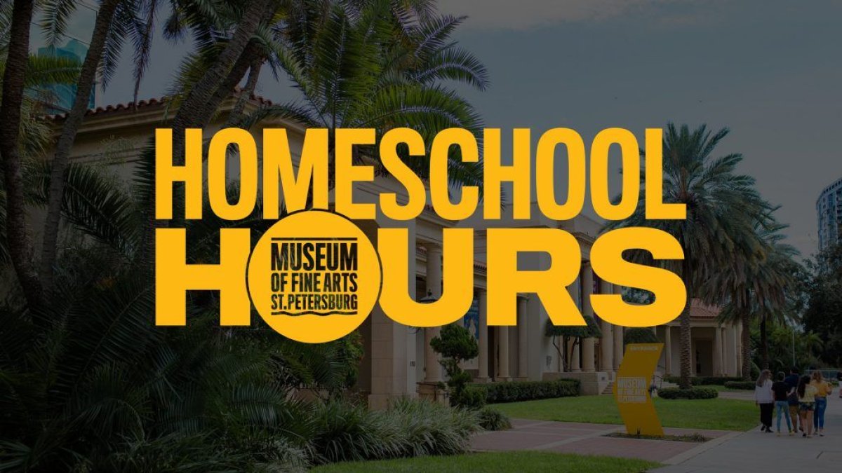 Homeschool Hours written in yellow writing over a background photo of the Museum of Fine Arts.