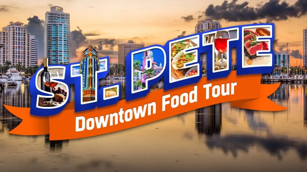 Photo of downtown St. Pete during dusk featuring the logo for the St. Pete downtown food tour.