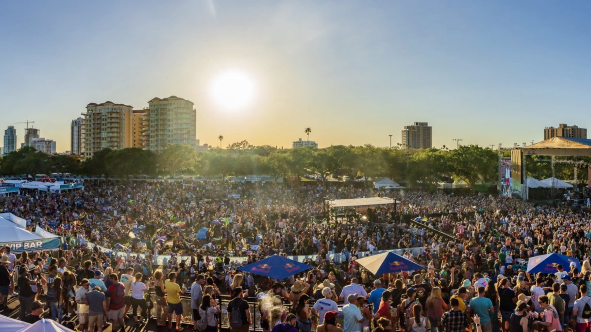 Skyline image of downtown St. Pete with a crowd of people attending the Reggae Rise Up Festival at Vinoy Park.