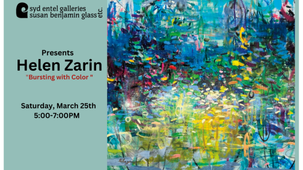 Helen Zarin artist gallery event flyer poster featuring an abstract oil painting filled with lots of colorful dots.