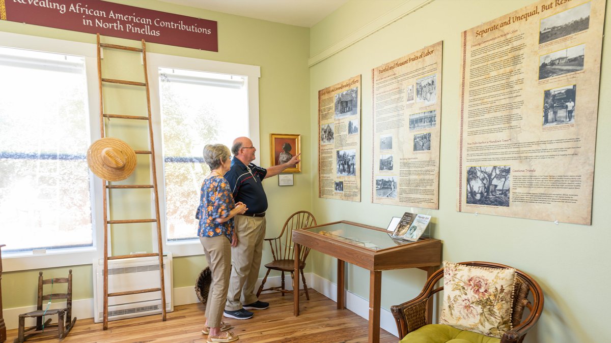 Una pareja de ancianos leyendo carteles en un museo.