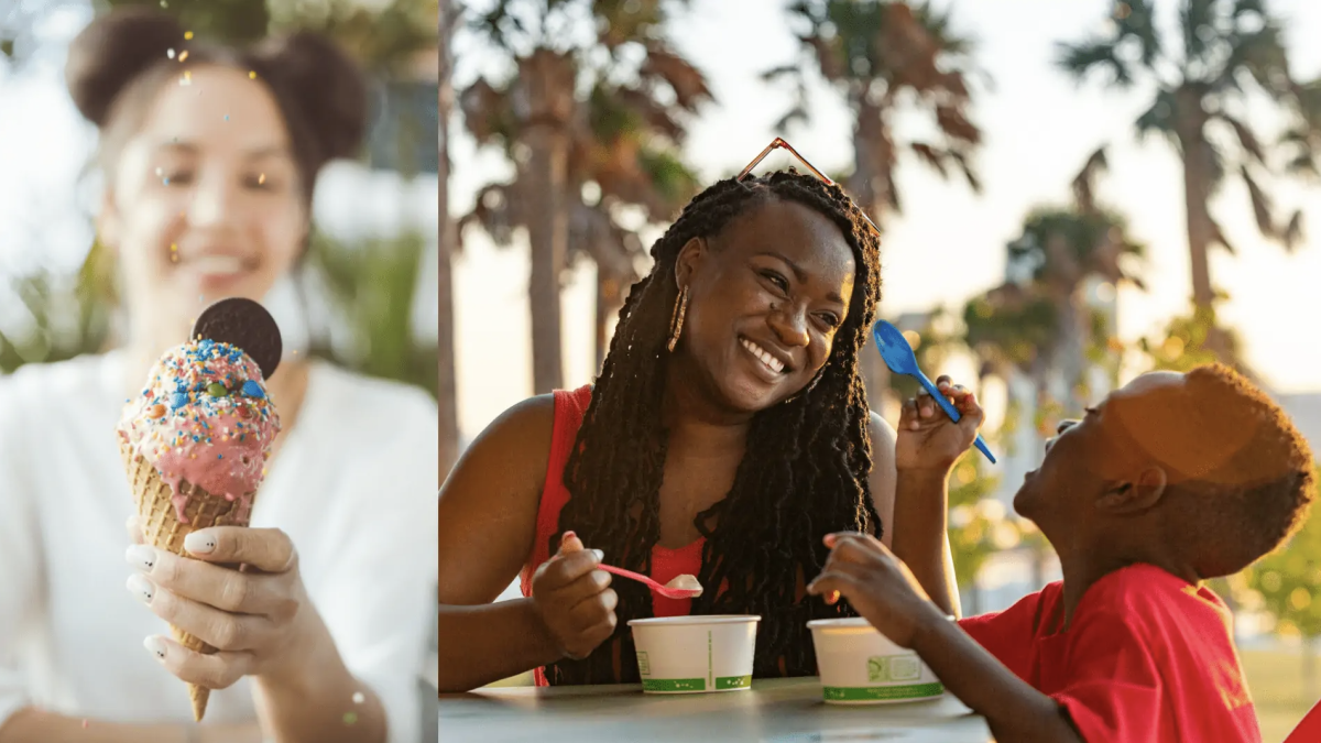 One photo of a girl holding an ice cream cone and smiling. Another photo of a mom and son enjoy ice cream out of cups.