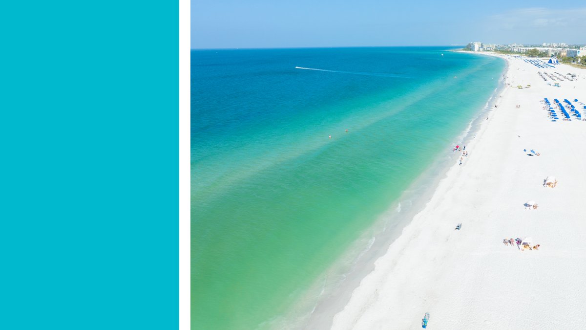 an aquamarine blue rectangle next to an aerial photo of the beach