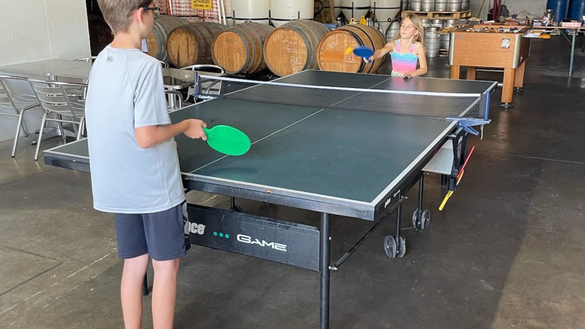 Two kids play table tennis with beer brewing equipment behind them