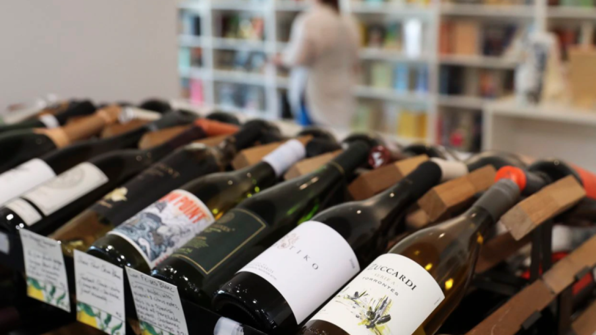 Wine display at Book + Bottle