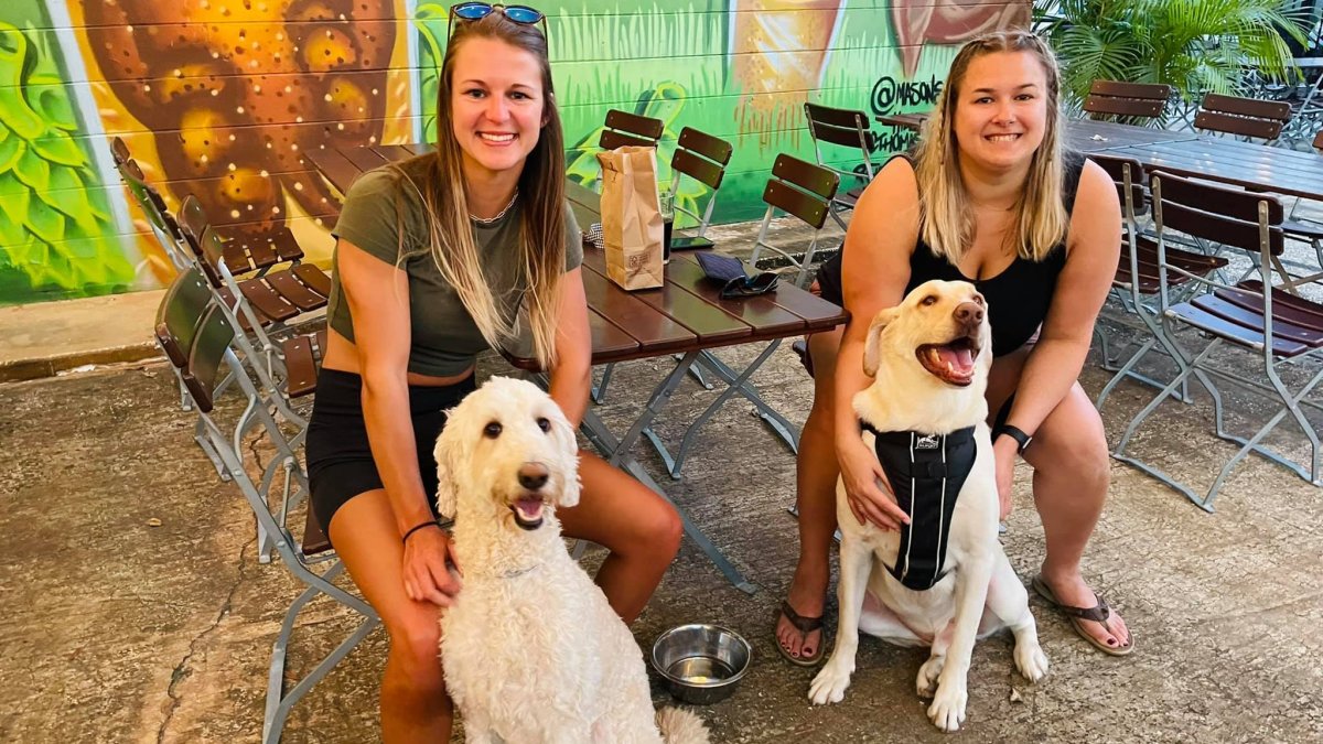 Two women hold their dogs on a brewery patio