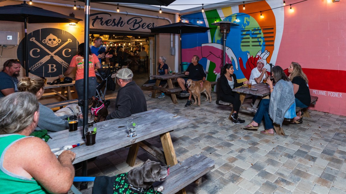 People and dogs sit at picnic tables at brewery's outdoor patio.