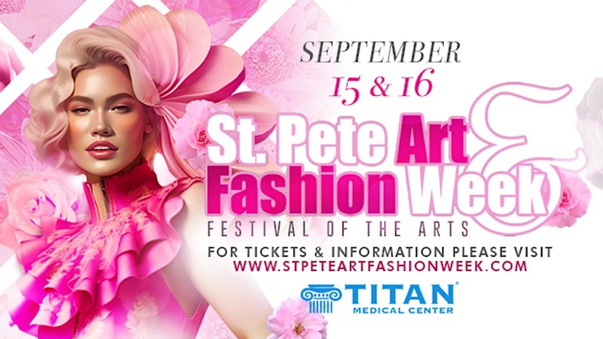St. Pete Art and Fashion week event flyer poster featuring a blonde woman dressed up in pink flowers.