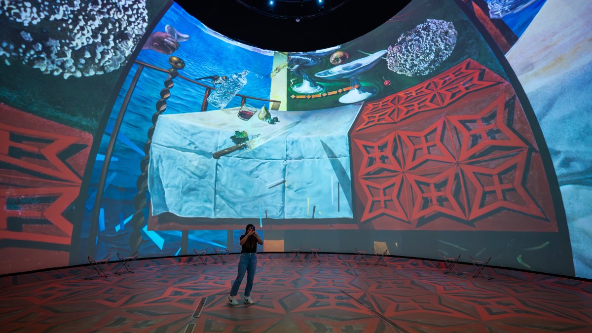 Dome projection with woman in front of it 