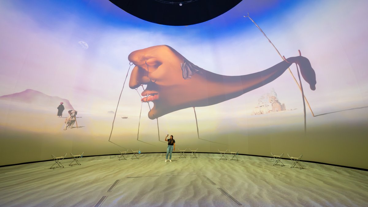 Dome projection with woman in front of it 